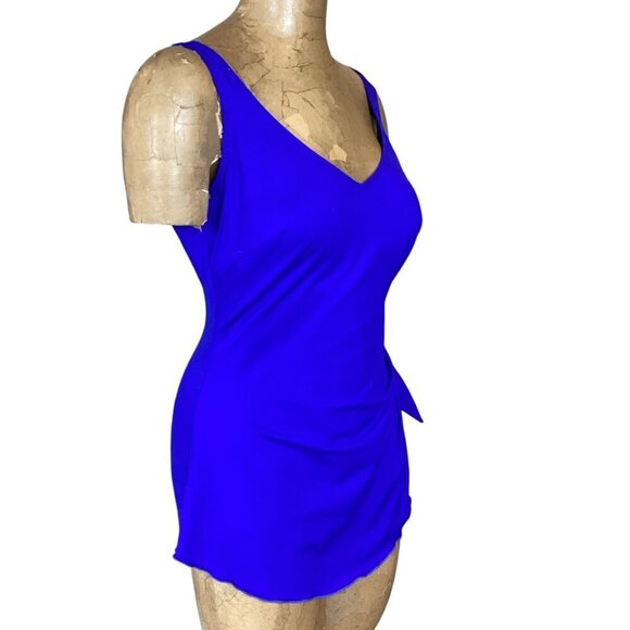 VTG Roxanne 70's Solid Bra Sarong 1-Piece Swimsuit/skirt Sz 12/36D Blue #316B - Picture 2 of 8